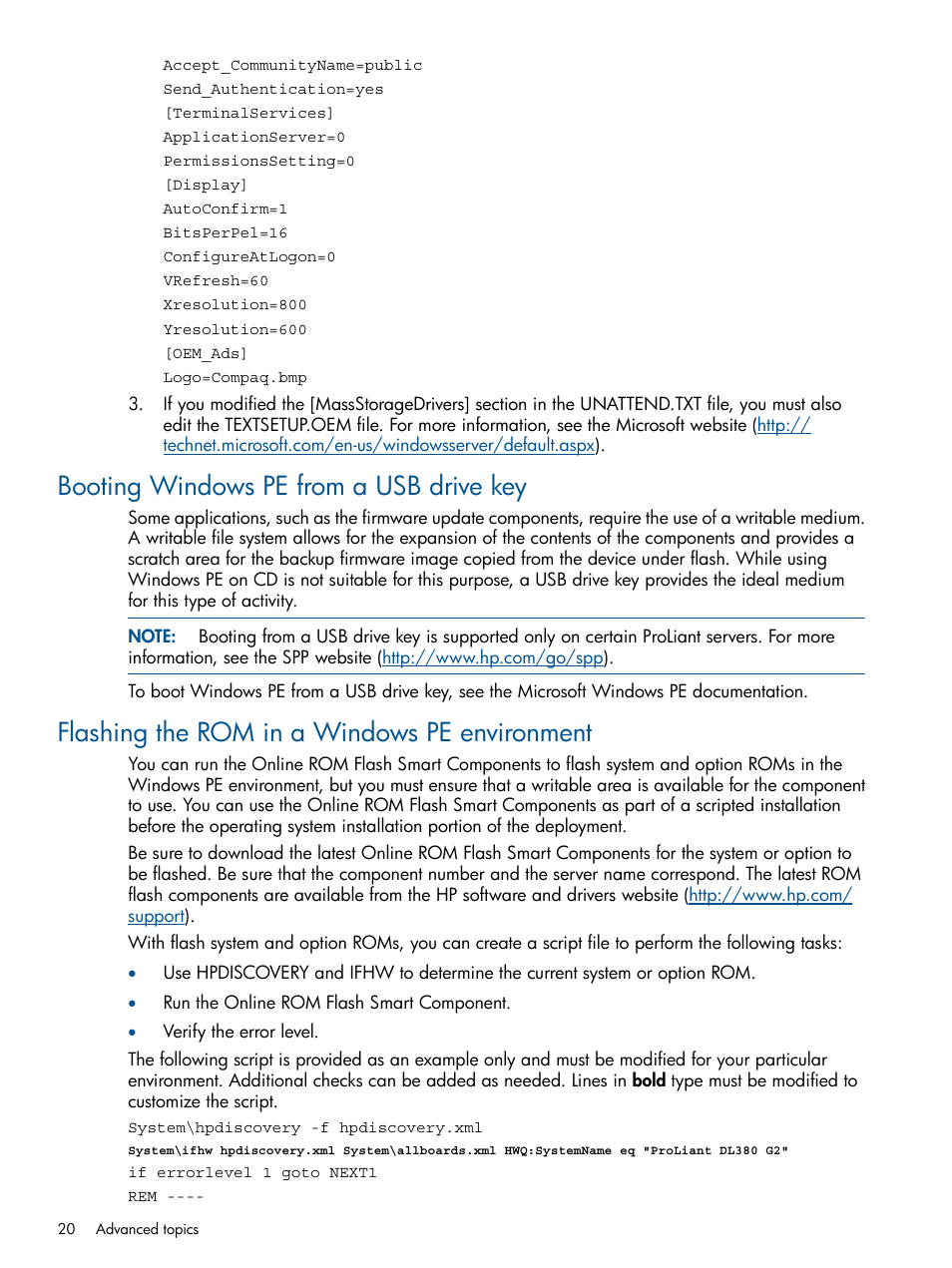 Booting windows pe from a usb drive key, Flashing the rom in a windows pe environment | HP ProLiant DL380 Server User Manual | Page 20 / 67