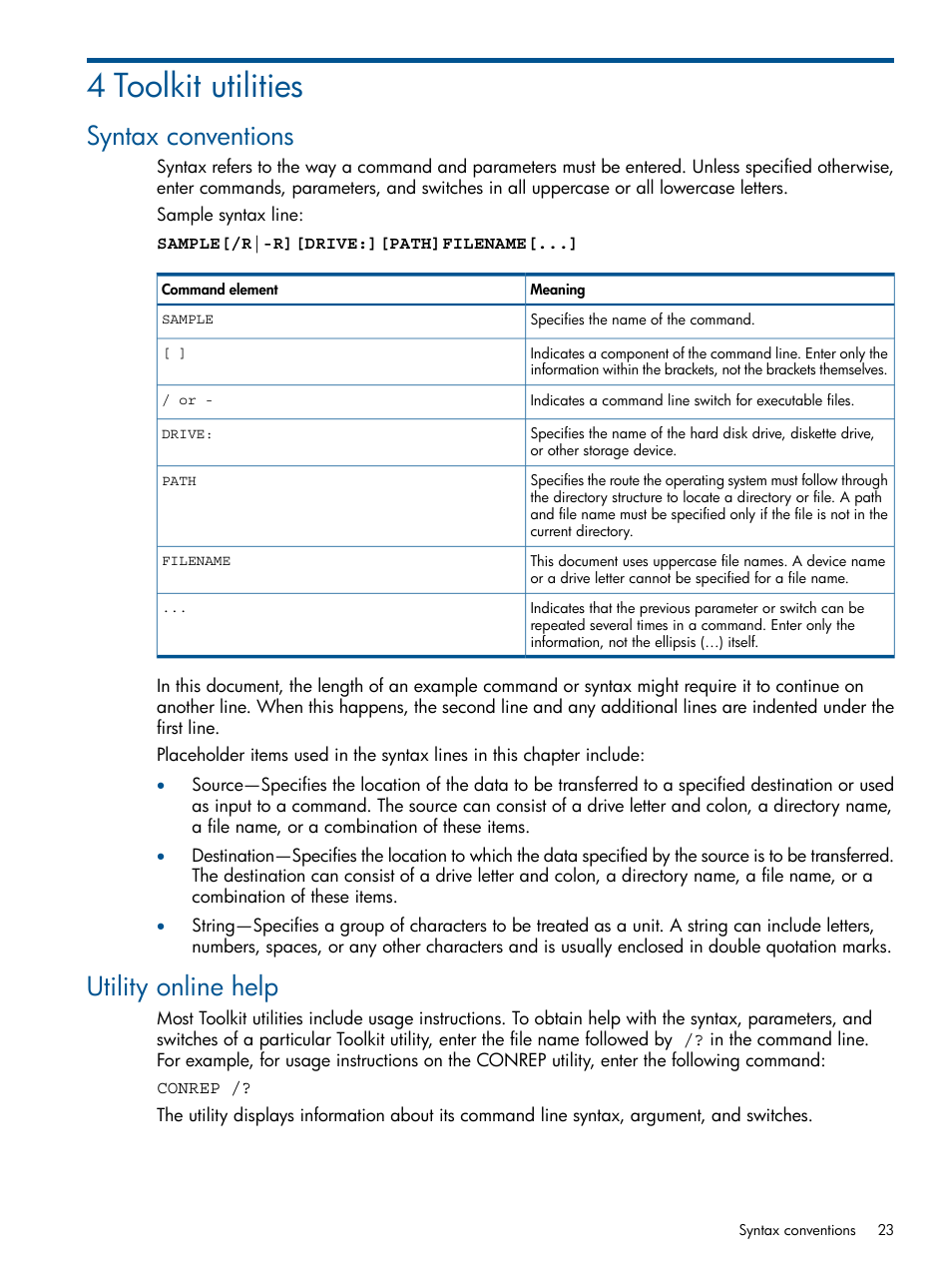 4 toolkit utilities, Syntax conventions, Utility online help | Syntax conventions utility online help | HP ProLiant DL380 Server User Manual | Page 23 / 67