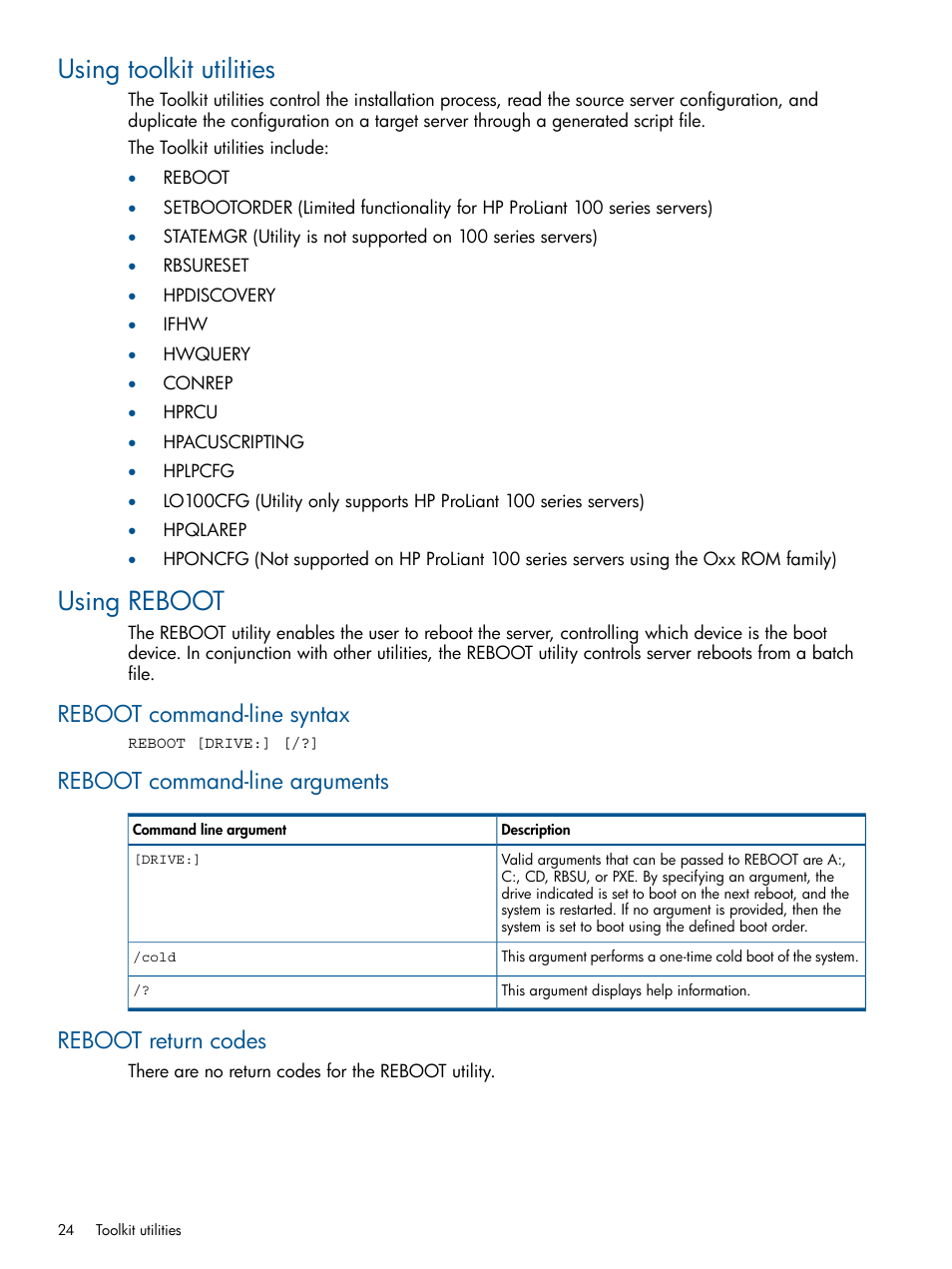 Using toolkit utilities, Using reboot, Reboot command-line syntax | Reboot command-line arguments, Reboot return codes, Using toolkit utilities using reboot | HP ProLiant DL380 Server User Manual | Page 24 / 67