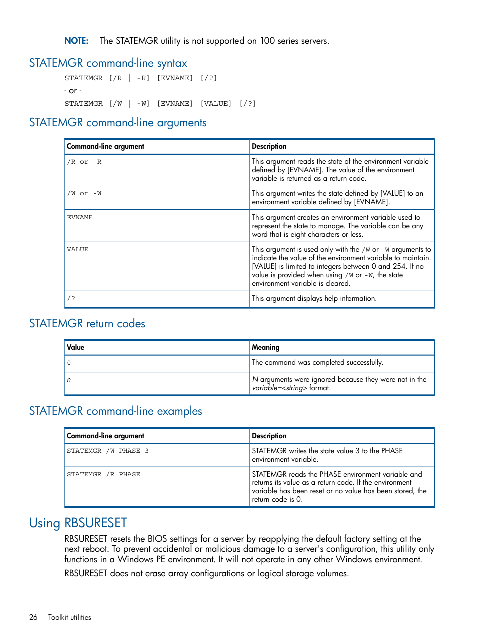 Statemgr command-line syntax, Statemgr command-line arguments, Statemgr return codes | Statemgr command-line examples, Using rbsureset | HP ProLiant DL380 Server User Manual | Page 26 / 67