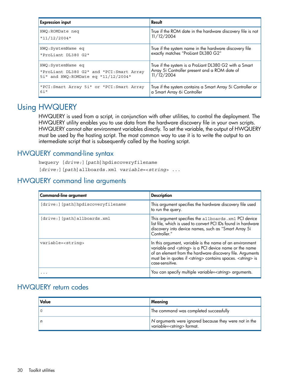 Using hwquery, Hwquery command-line syntax, Hwquery command line arguments | Hwquery return codes | HP ProLiant DL380 Server User Manual | Page 30 / 67