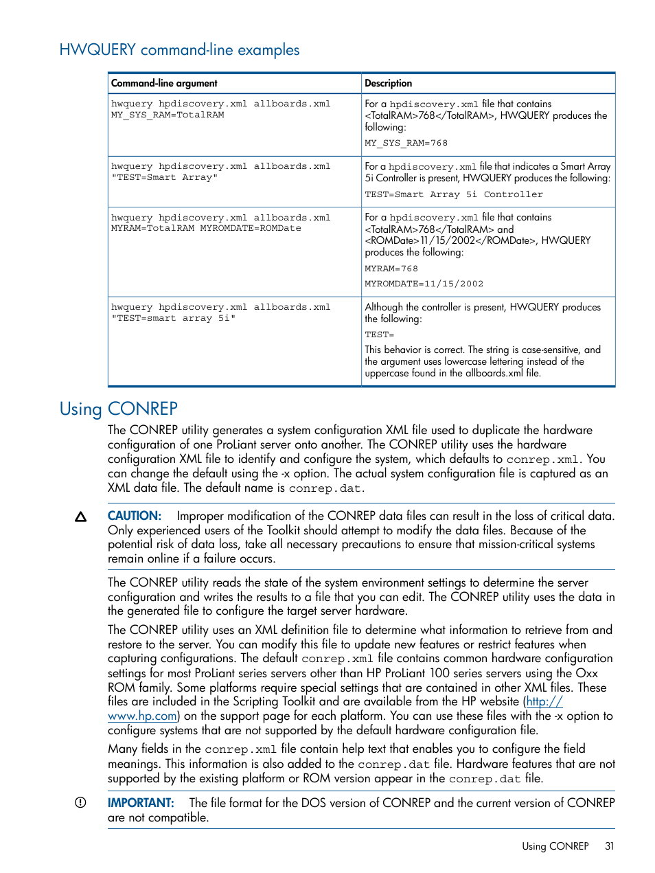 Hwquery command-line examples, Using conrep | HP ProLiant DL380 Server User Manual | Page 31 / 67