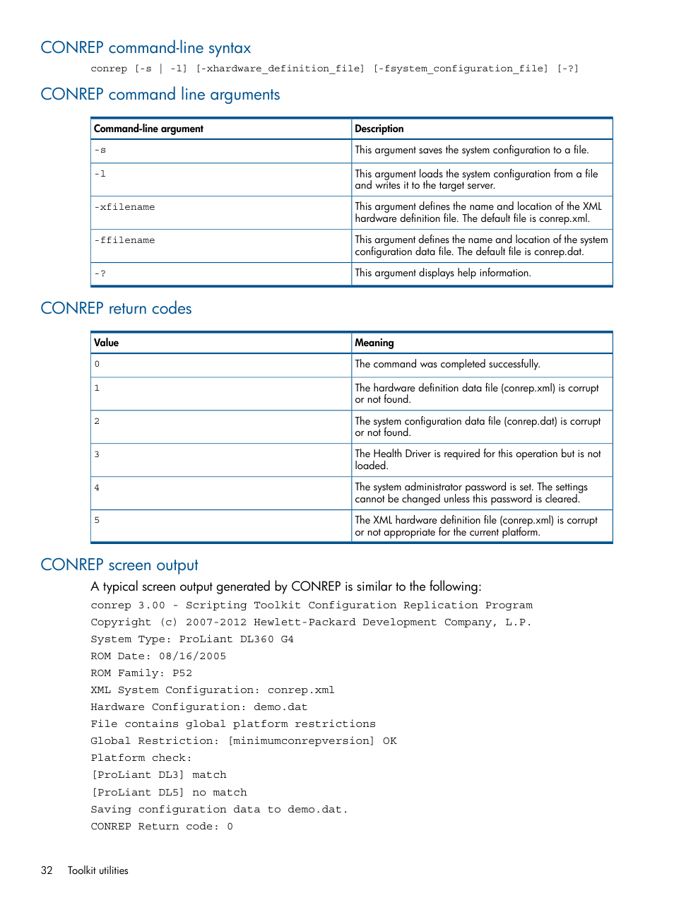 Conrep command-line syntax, Conrep command line arguments, Conrep return codes | Conrep screen output | HP ProLiant DL380 Server User Manual | Page 32 / 67