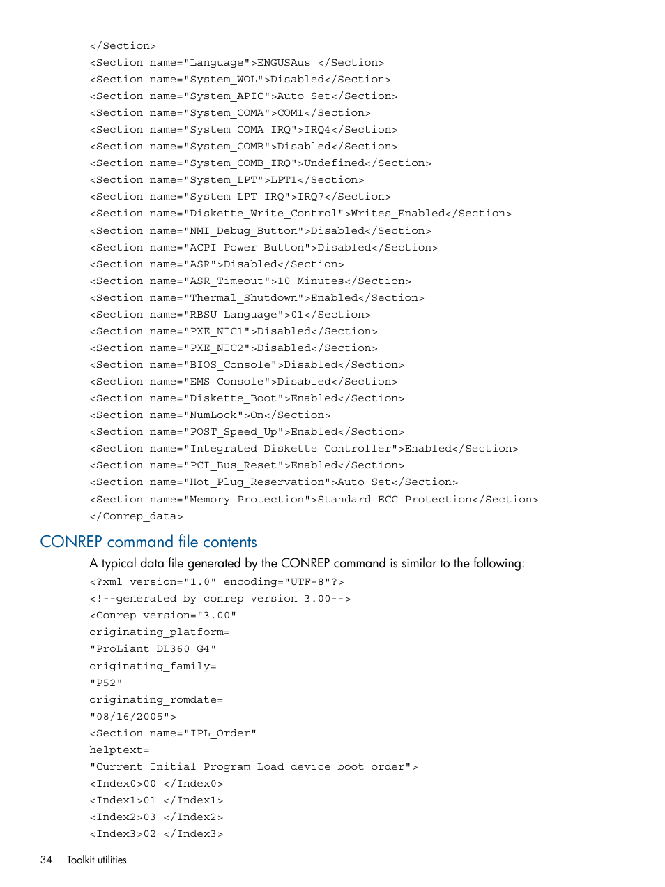 Conrep command file contents | HP ProLiant DL380 Server User Manual | Page 34 / 67