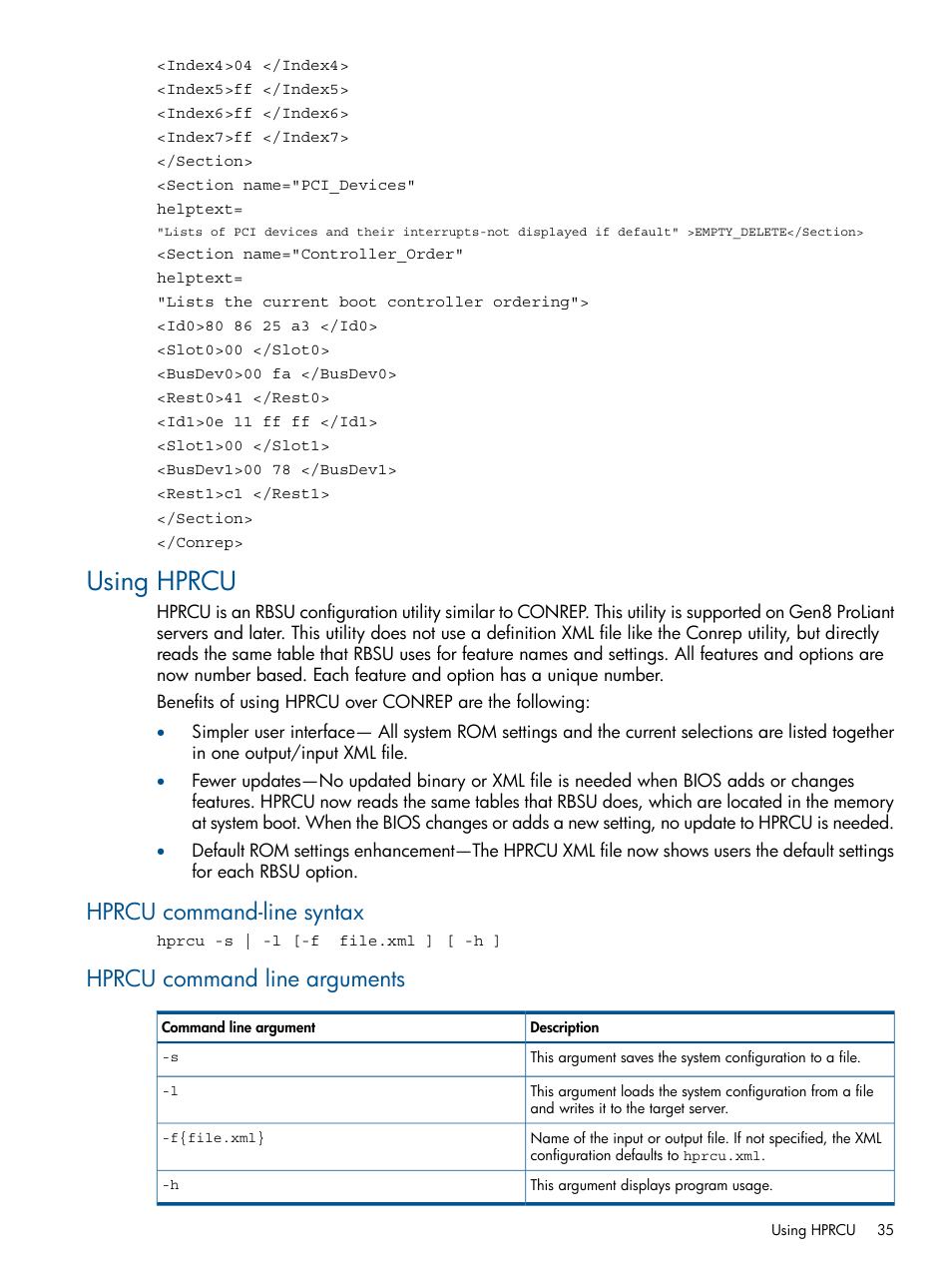 Using hprcu, Hprcu command-line syntax, Hprcu command line arguments | HP ProLiant DL380 Server User Manual | Page 35 / 67