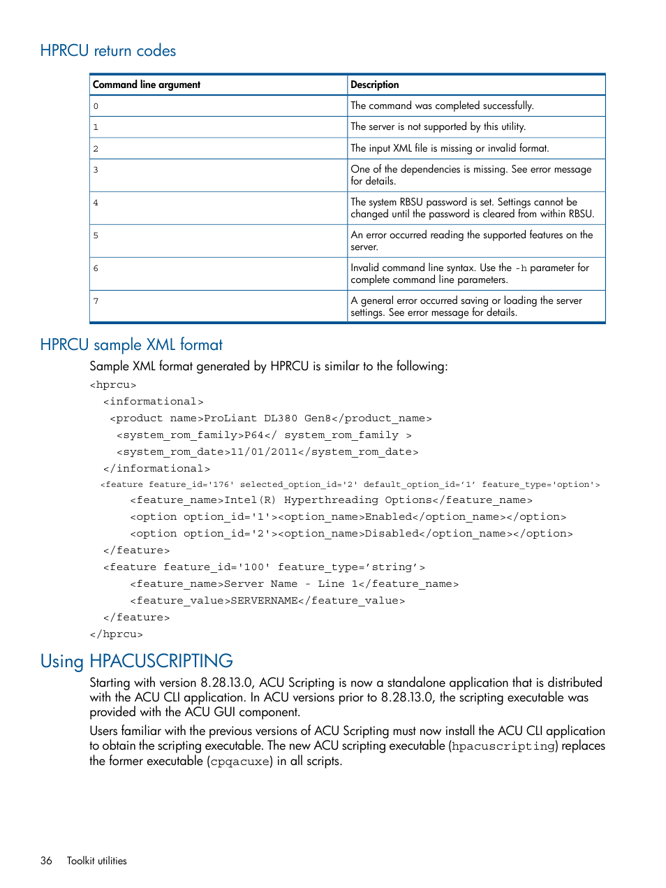 Hprcu return codes, Hprcu sample xml format, Using hpacuscripting | Hprcu return codes hprcu sample xml format | HP ProLiant DL380 Server User Manual | Page 36 / 67