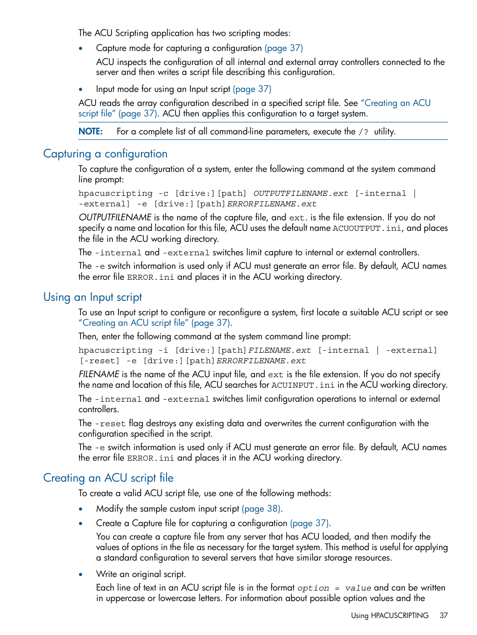Capturing a configuration, Using an input script, Creating an acu script file | HP ProLiant DL380 Server User Manual | Page 37 / 67