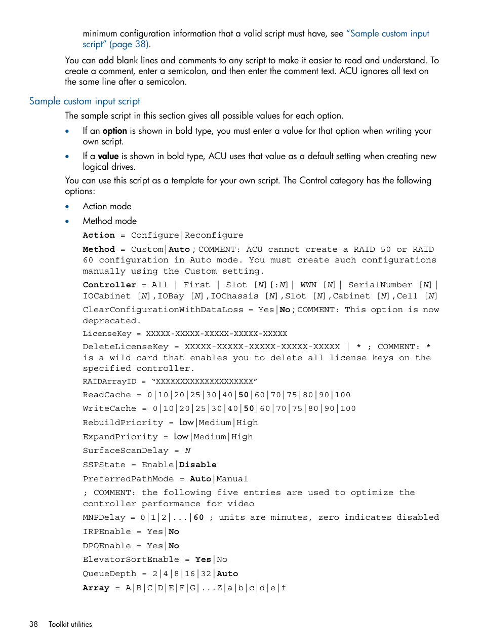 Sample custom input script | HP ProLiant DL380 Server User Manual | Page 38 / 67