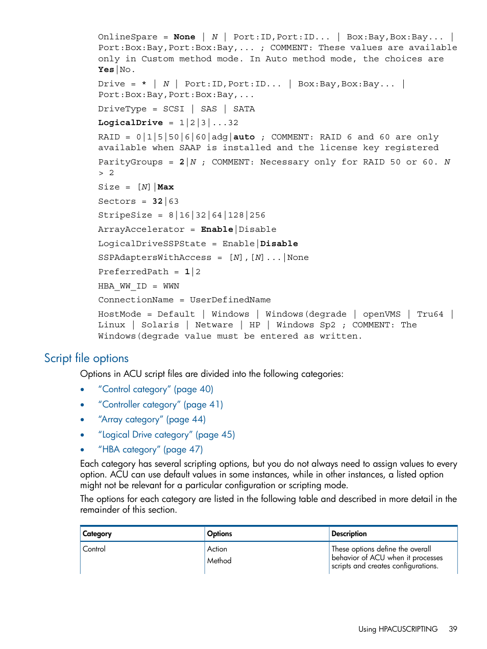 Script file options | HP ProLiant DL380 Server User Manual | Page 39 / 67