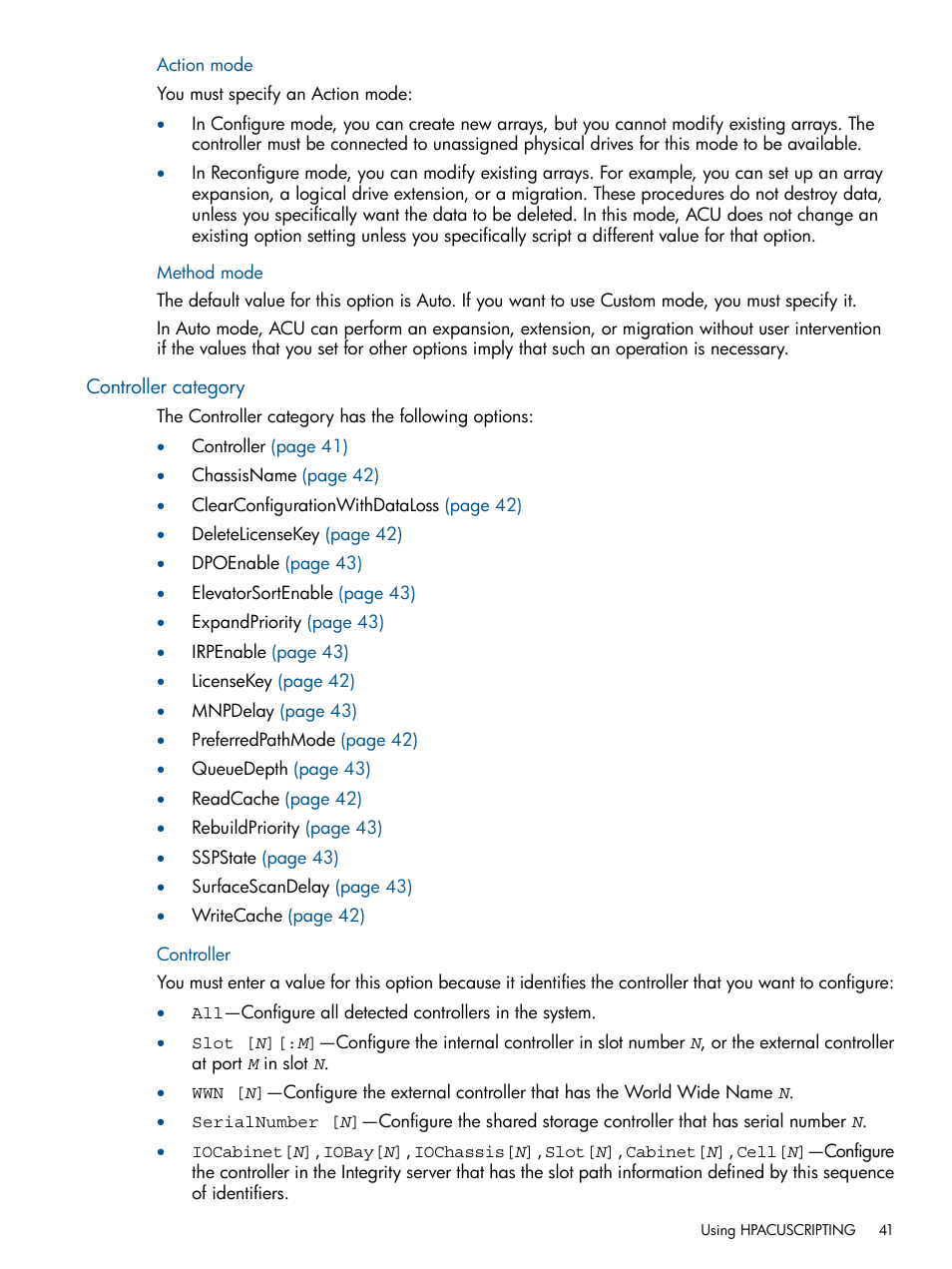 Action mode, Method mode, Controller category | Controller, Action mode method mode | HP ProLiant DL380 Server User Manual | Page 41 / 67
