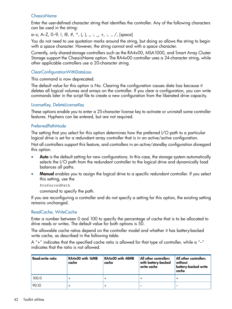 Chassisname, Clearconfigurationwithdataloss, Licensekey, deletelicensekey | Preferredpathmode, Readcache, writecache | HP ProLiant DL380 Server User Manual | Page 42 / 67