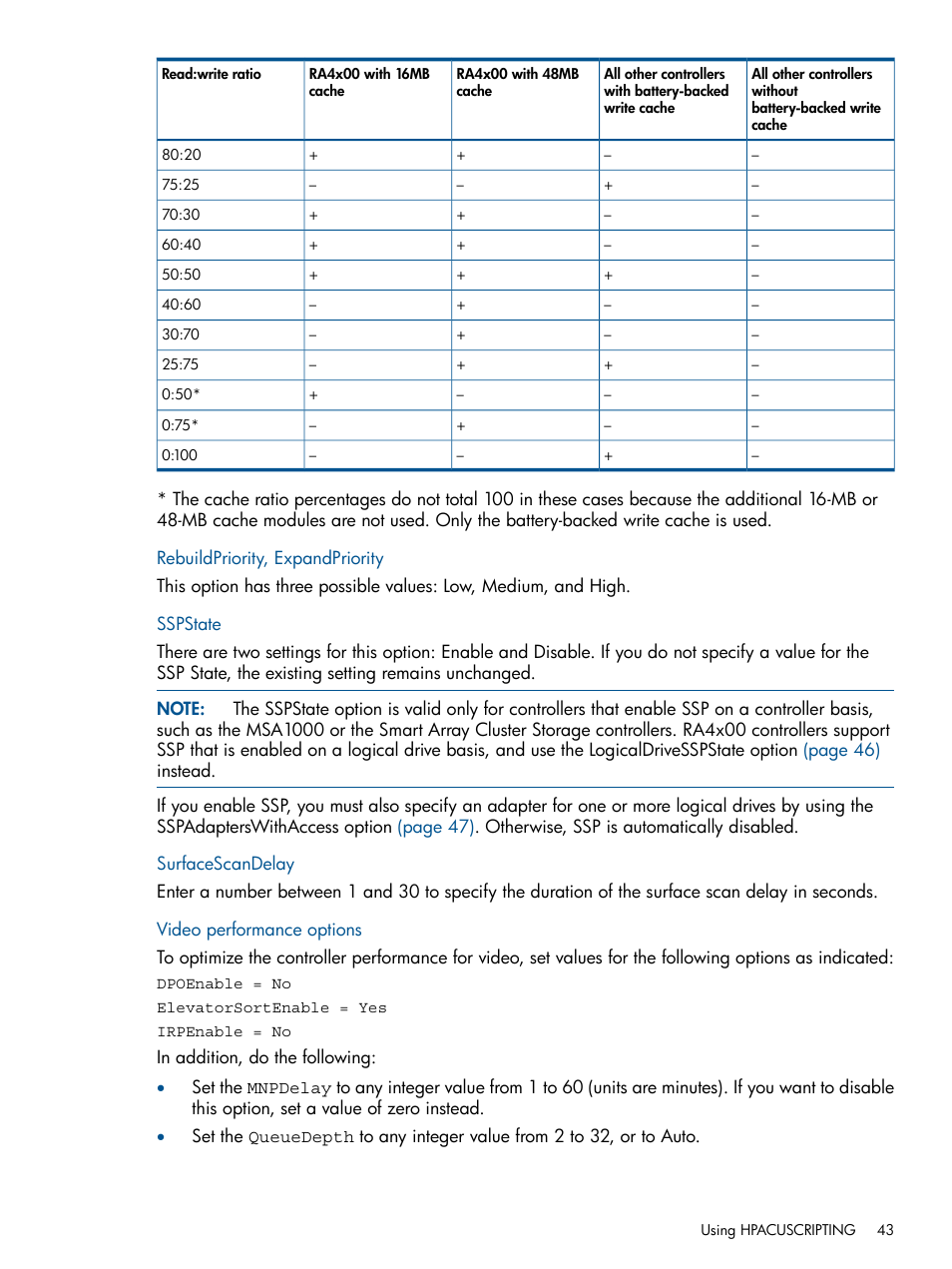 Rebuildpriority, expandpriority, Sspstate, Surfacescandelay | Video performance options | HP ProLiant DL380 Server User Manual | Page 43 / 67