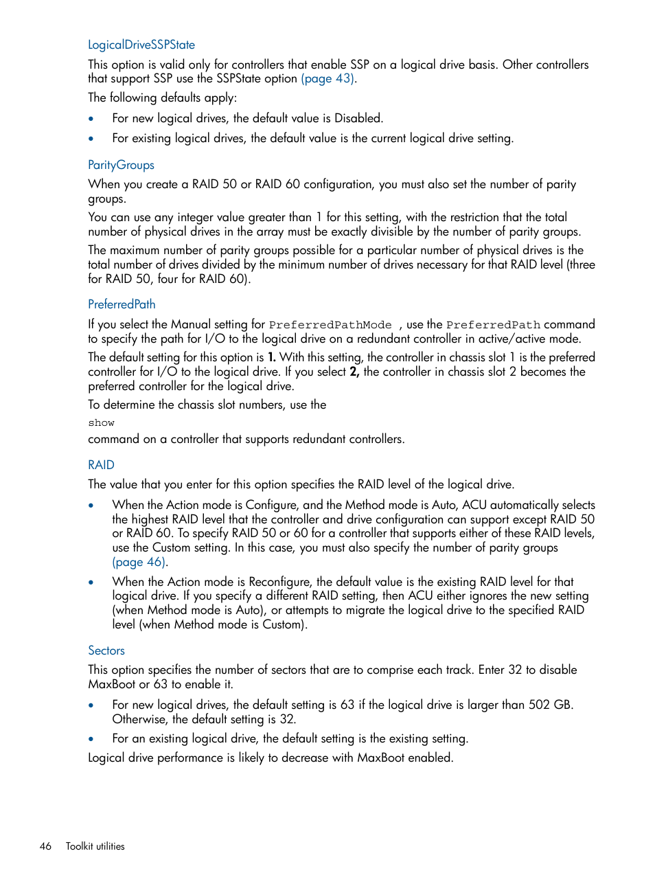 Logicaldrivesspstate, Paritygroups, Preferredpath | Raid, Sectors, Paritygroups preferredpath raid sectors | HP ProLiant DL380 Server User Manual | Page 46 / 67