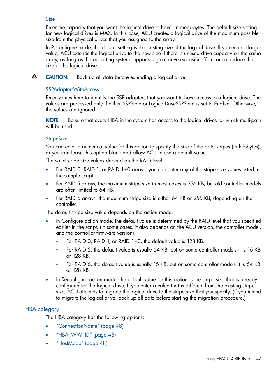Size, Sspadapterswithaccess, Stripesize | Hba category, Size sspadapterswithaccess stripesize | HP ProLiant DL380 Server User Manual | Page 47 / 67
