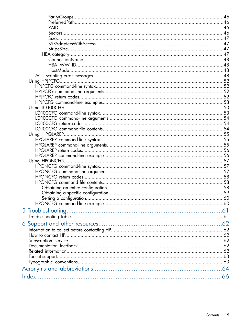 5 troubleshooting, 6 support and other resources, Acronyms and abbreviations index | HP ProLiant DL380 Server User Manual | Page 5 / 67