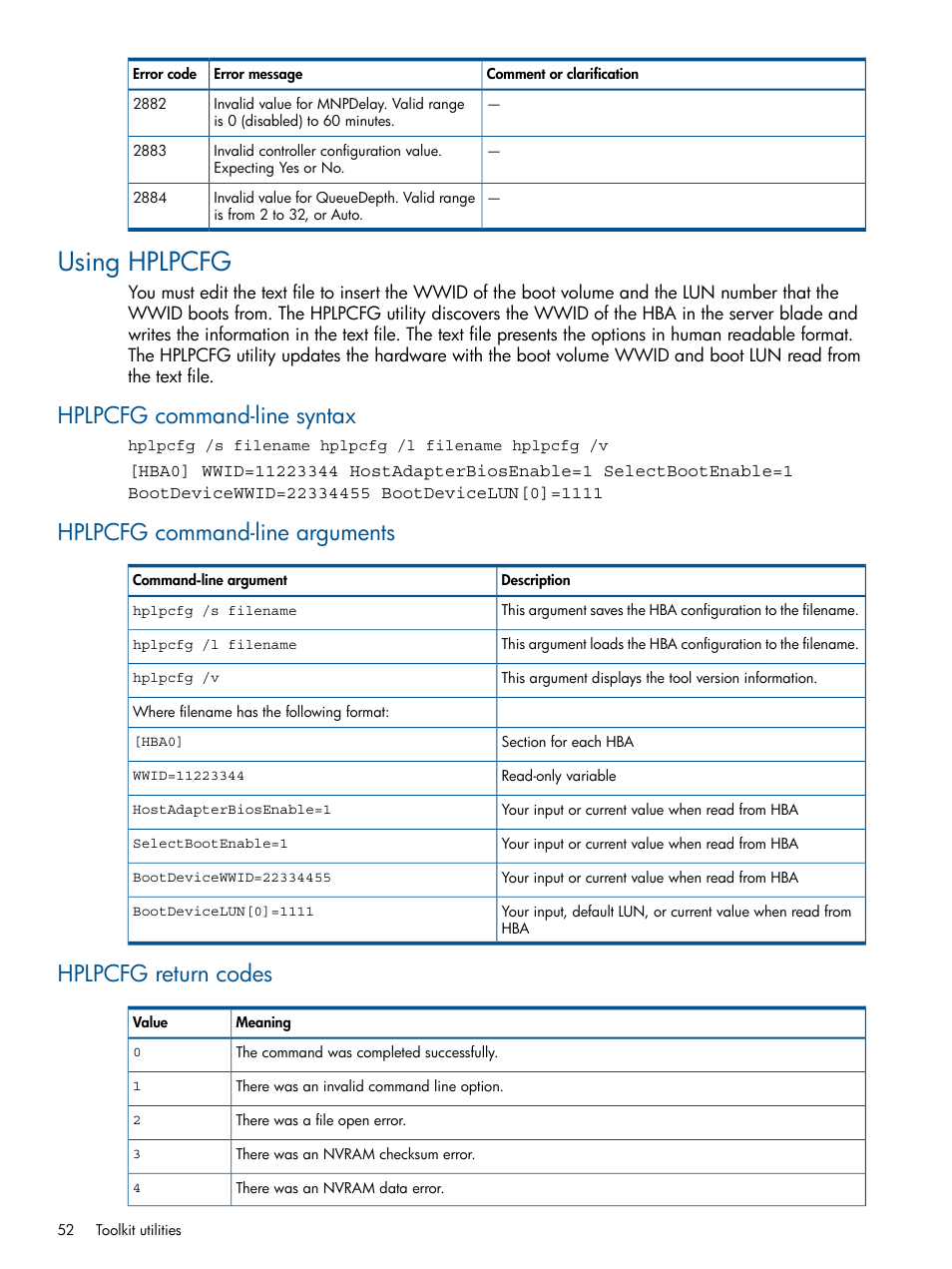 Using hplpcfg, Hplpcfg command-line syntax, Hplpcfg command-line arguments | Hplpcfg return codes | HP ProLiant DL380 Server User Manual | Page 52 / 67