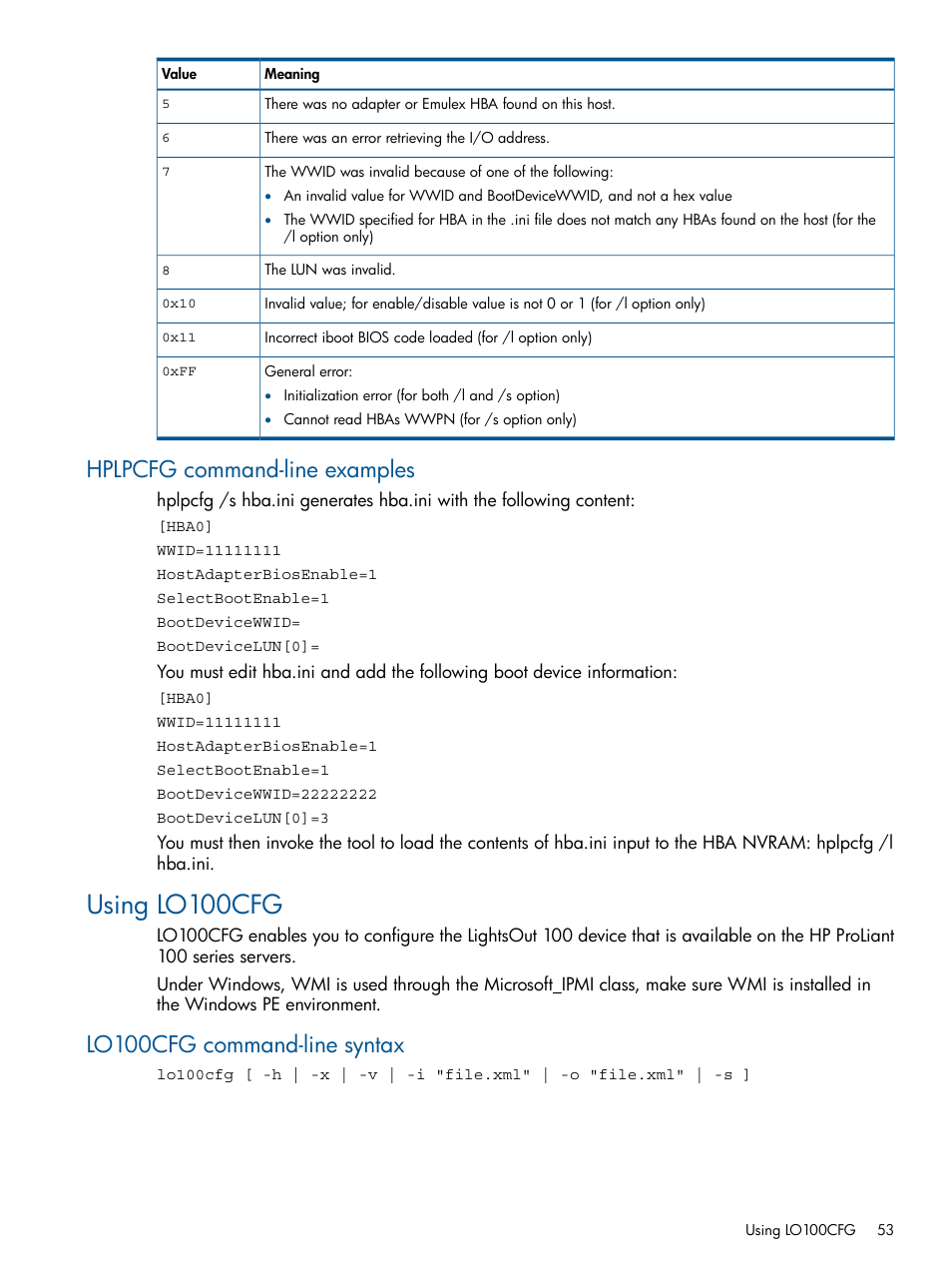 Hplpcfg command-line examples, Using lo100cfg, Lo100cfg command-line syntax | HP ProLiant DL380 Server User Manual | Page 53 / 67