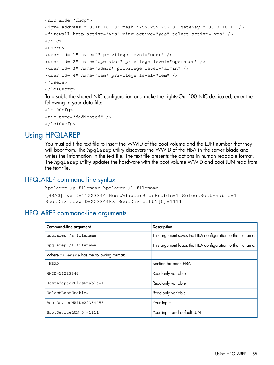 Using hpqlarep, Hpqlarep command-line syntax, Hpqlarep command-line arguments | HP ProLiant DL380 Server User Manual | Page 55 / 67