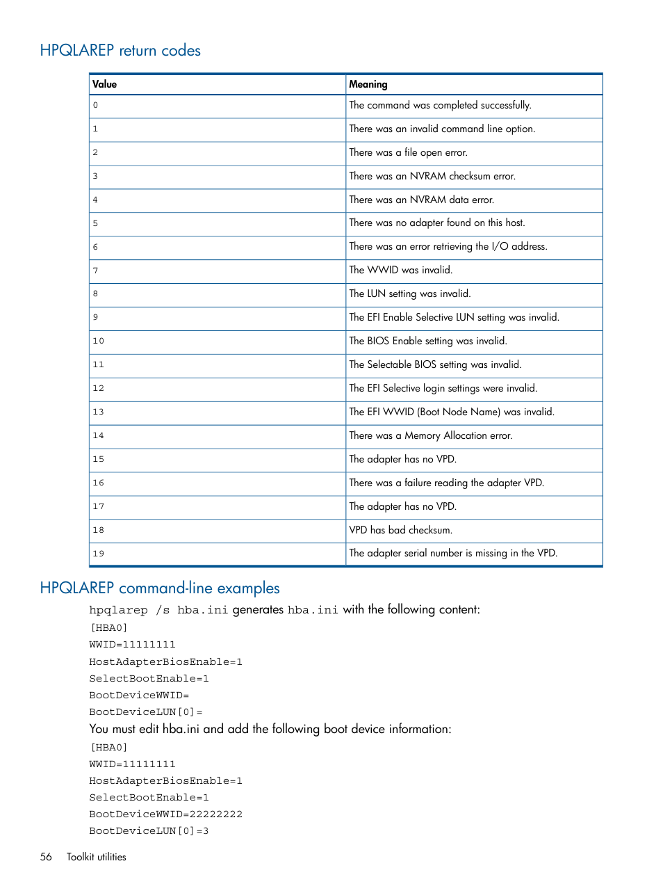 Hpqlarep return codes, Hpqlarep command-line examples | HP ProLiant DL380 Server User Manual | Page 56 / 67