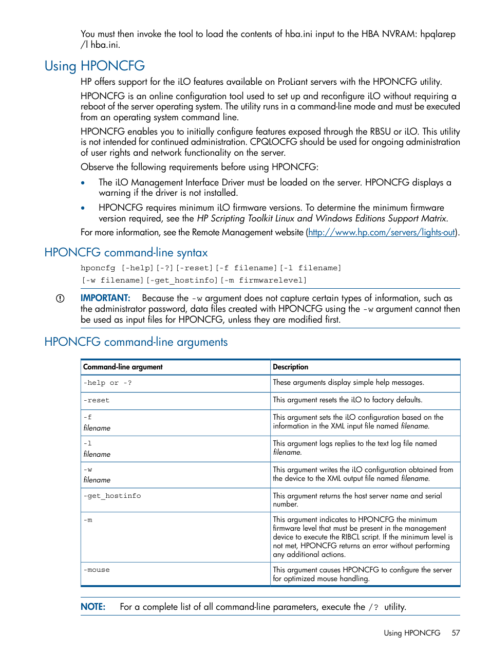 Using hponcfg, Hponcfg command-line syntax, Hponcfg command-line arguments | HP ProLiant DL380 Server User Manual | Page 57 / 67