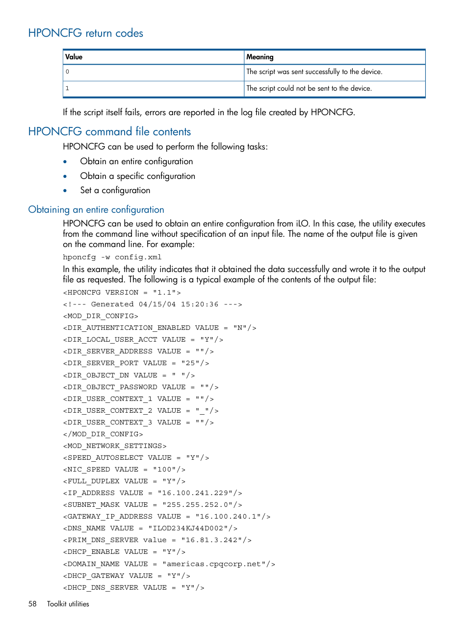 Hponcfg return codes, Hponcfg command file contents, Obtaining an entire configuration | Hponcfg return codes hponcfg command file contents | HP ProLiant DL380 Server User Manual | Page 58 / 67