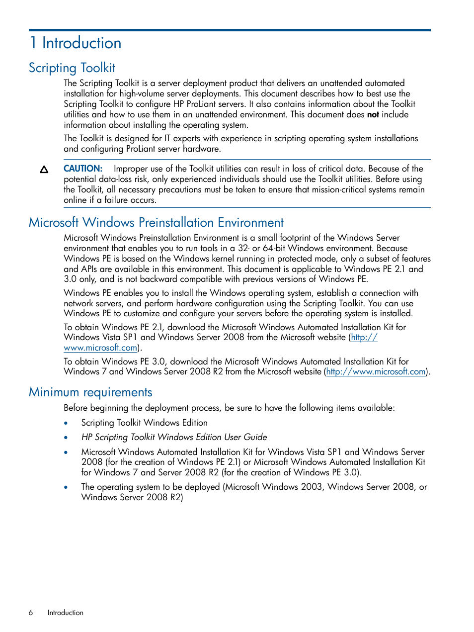 1 introduction, Scripting toolkit, Microsoft windows preinstallation environment | Minimum requirements | HP ProLiant DL380 Server User Manual | Page 6 / 67