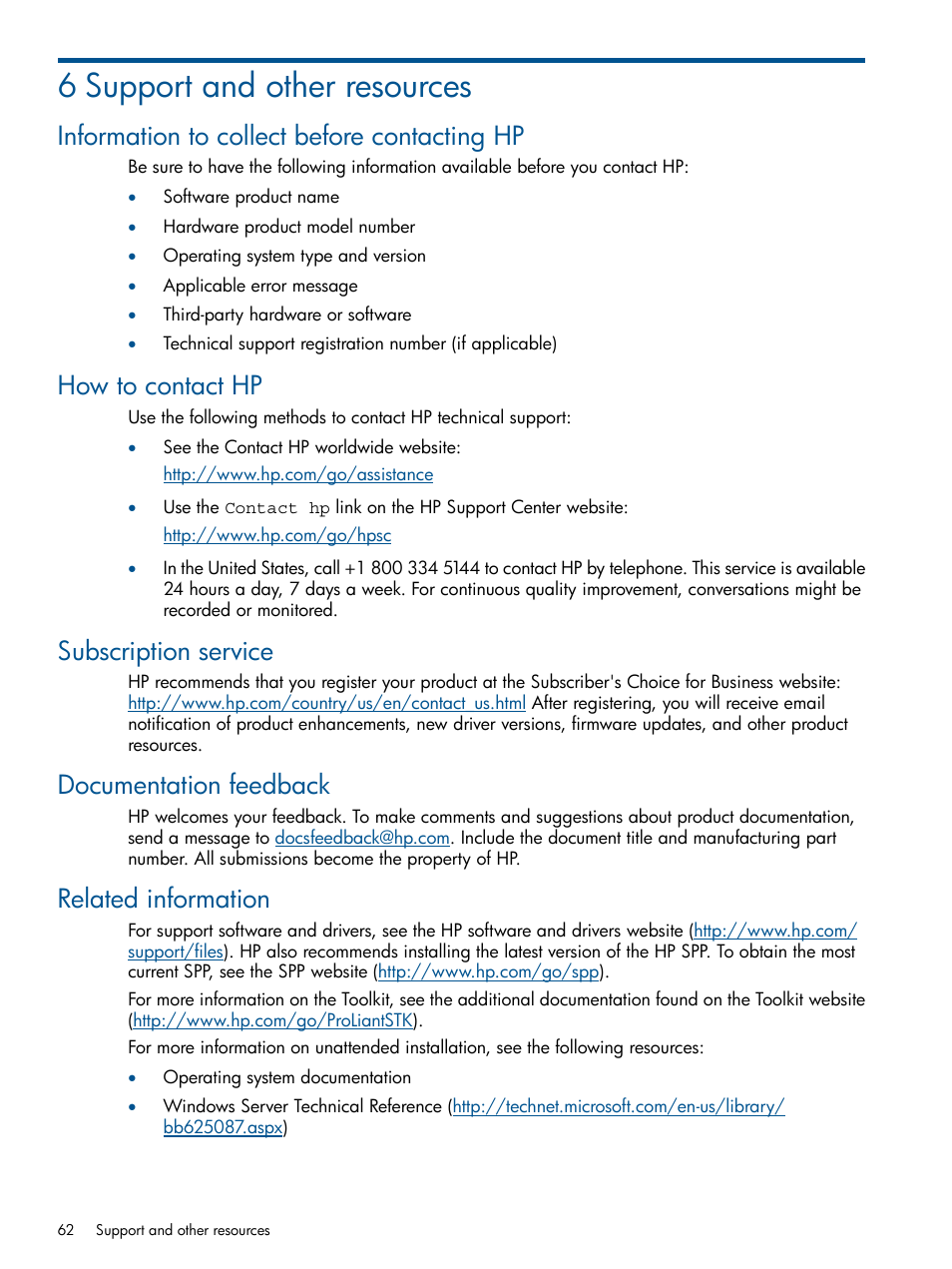 6 support and other resources, Information to collect before contacting hp, How to contact hp | Subscription service, Documentation feedback, Related information | HP ProLiant DL380 Server User Manual | Page 62 / 67