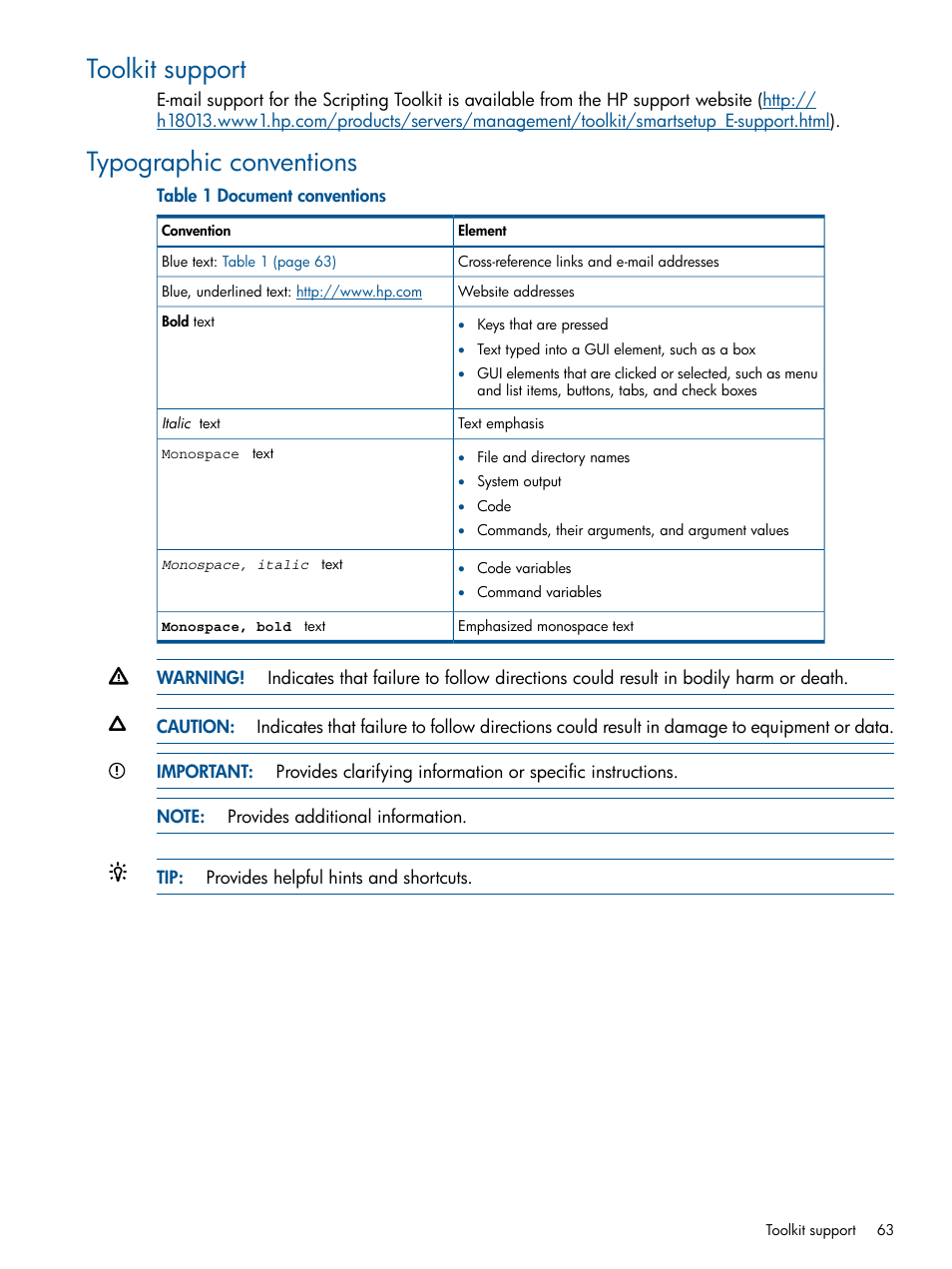 Toolkit support, Typographic conventions, Toolkit support typographic conventions | HP ProLiant DL380 Server User Manual | Page 63 / 67