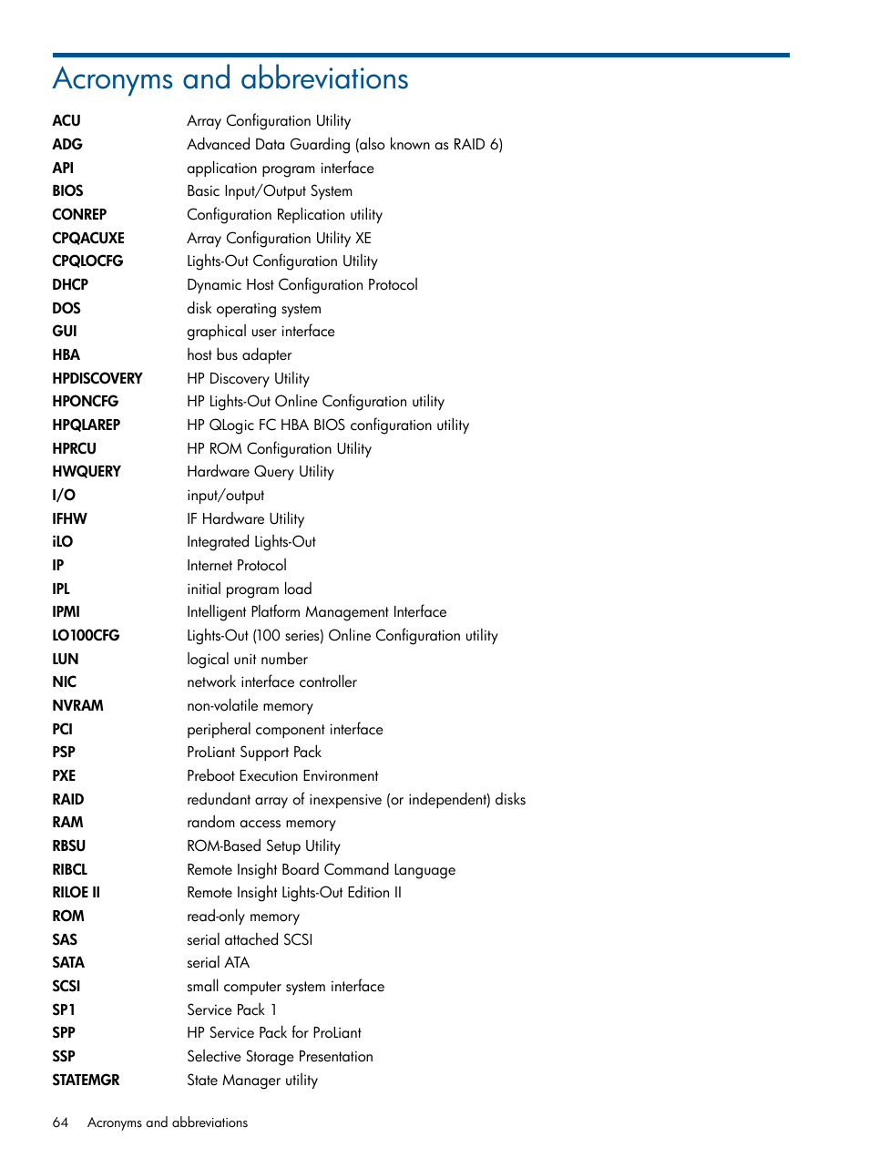 Acronyms and abbreviations | HP ProLiant DL380 Server User Manual | Page 64 / 67