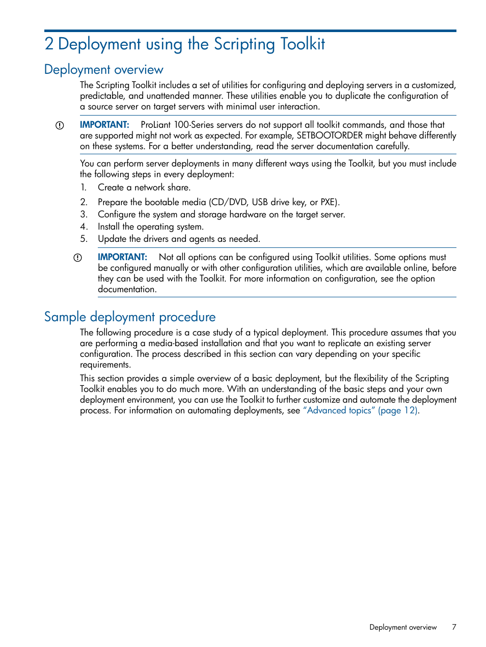 2 deployment using the scripting toolkit, Deployment overview, Sample deployment procedure | Deployment overview sample deployment procedure | HP ProLiant DL380 Server User Manual | Page 7 / 67