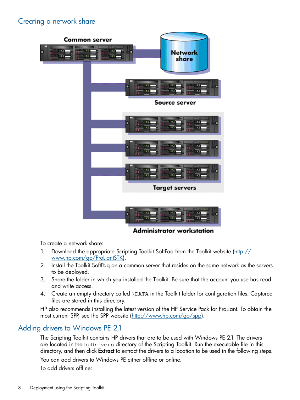 Creating a network share, Adding drivers to windows pe 2.1 | HP ProLiant DL380 Server User Manual | Page 8 / 67