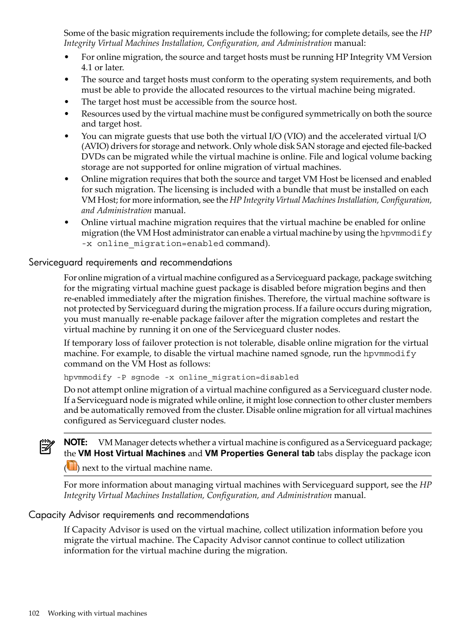 Serviceguard requirements and recommendations, Capacity advisor requirements and recommendations | HP Matrix Operating Environment Software User Manual | Page 102 / 138