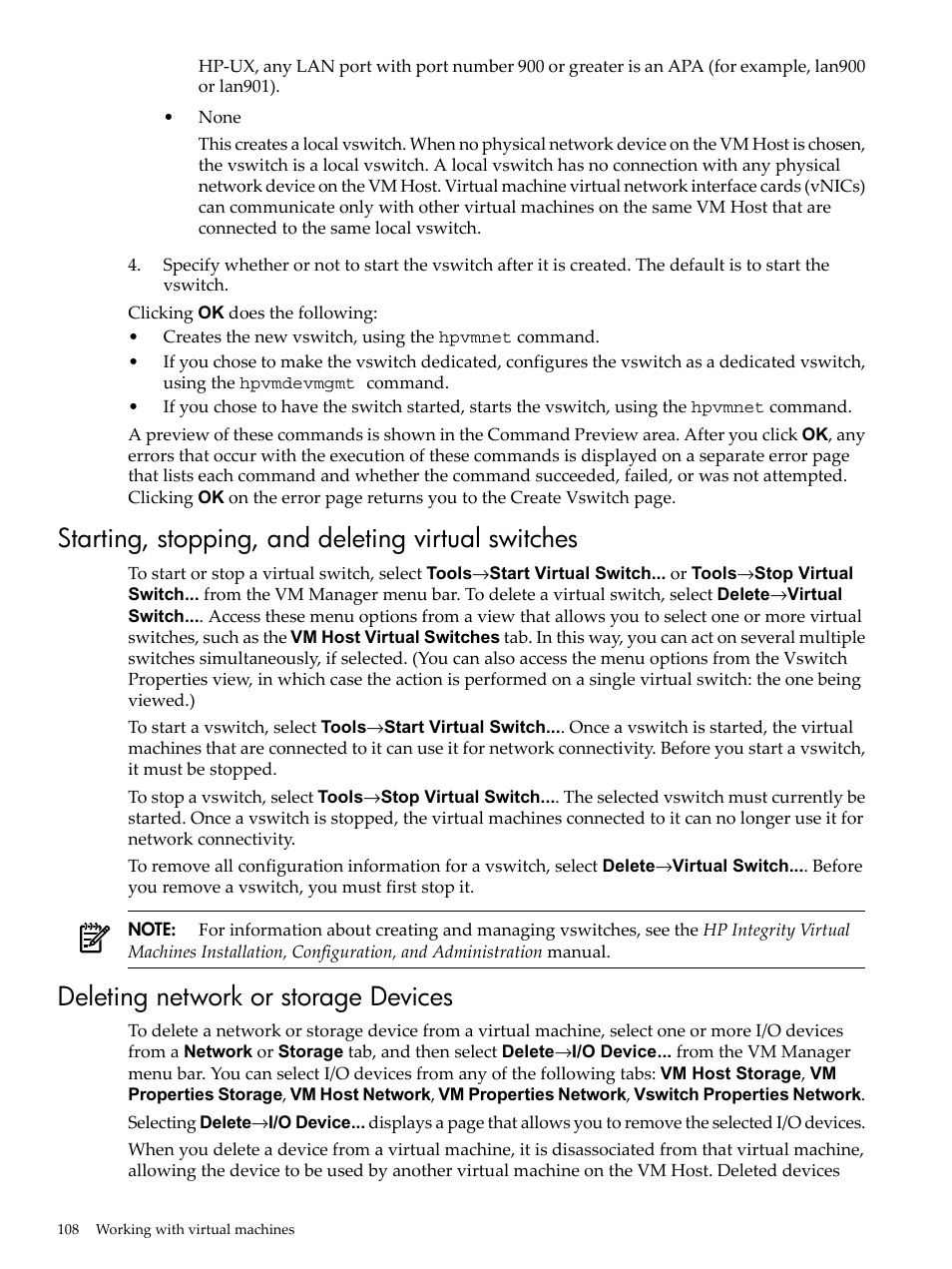 Starting, stopping, and deleting virtual switches, Deleting network or storage devices | HP Matrix Operating Environment Software User Manual | Page 108 / 138