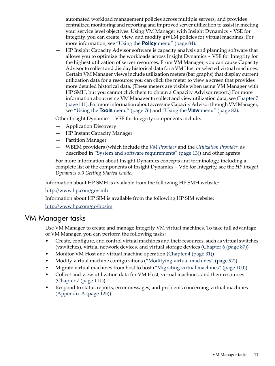Vm manager tasks | HP Matrix Operating Environment Software User Manual | Page 11 / 138