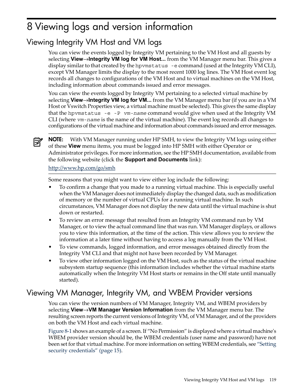 8 viewing logs and version information, Viewing integrity vm host and vm logs, Viewing vm | HP Matrix Operating Environment Software User Manual | Page 119 / 138