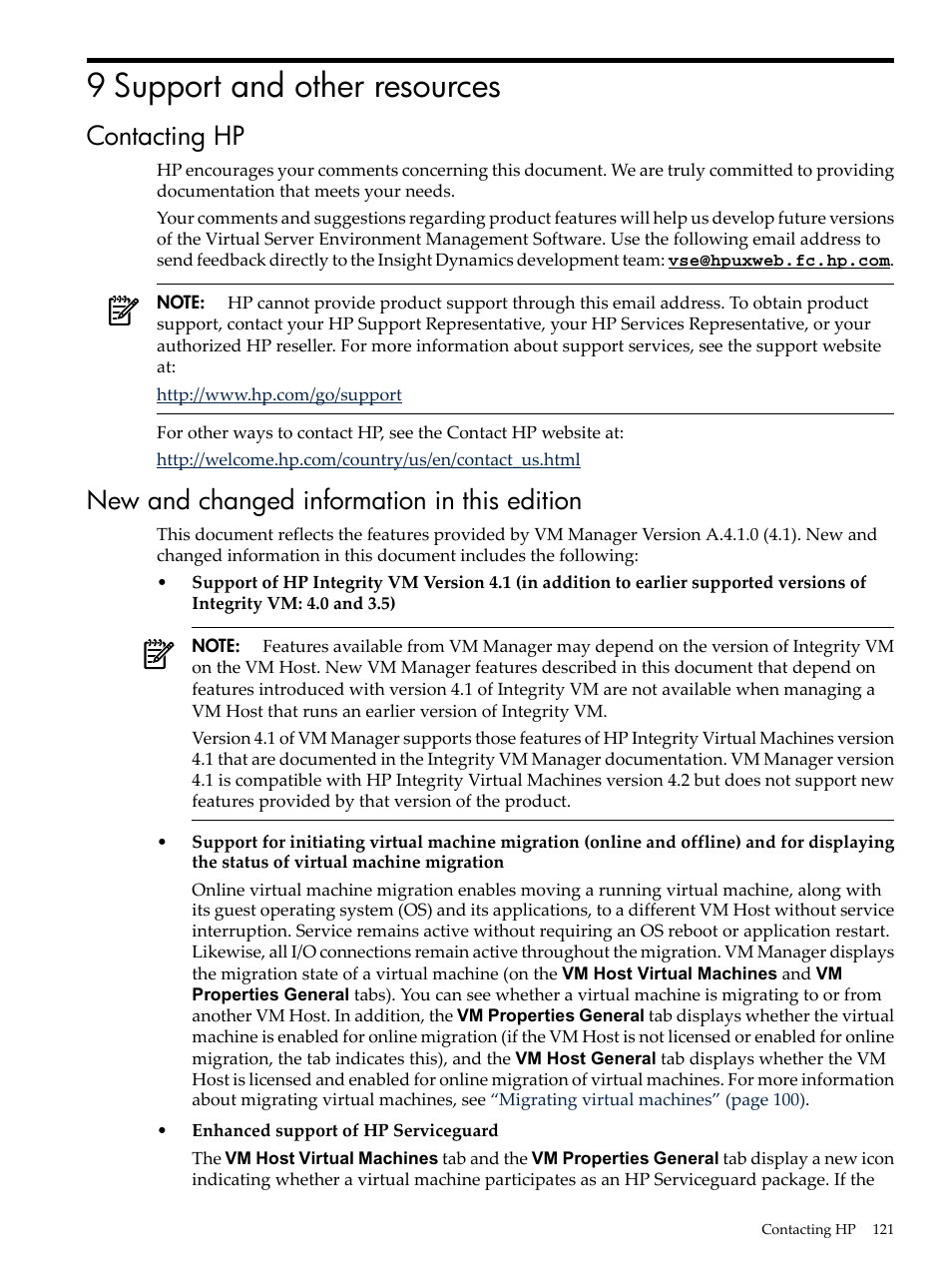 9 support and other resources, Contacting hp, New and changed information in this edition | HP Matrix Operating Environment Software User Manual | Page 121 / 138