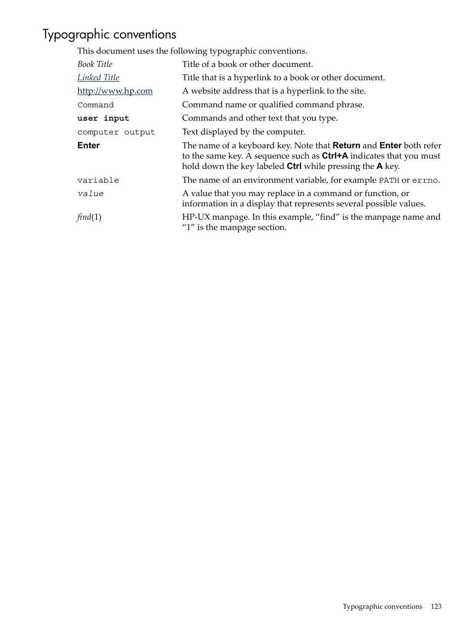 Typographic conventions | HP Matrix Operating Environment Software User Manual | Page 123 / 138