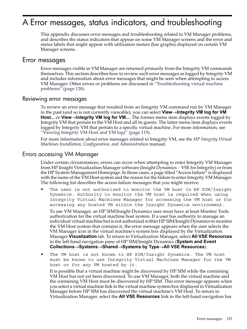 Error messages, Reviewing error messages, Errors accessing vm manager | Appendix a | HP Matrix Operating Environment Software User Manual | Page 125 / 138