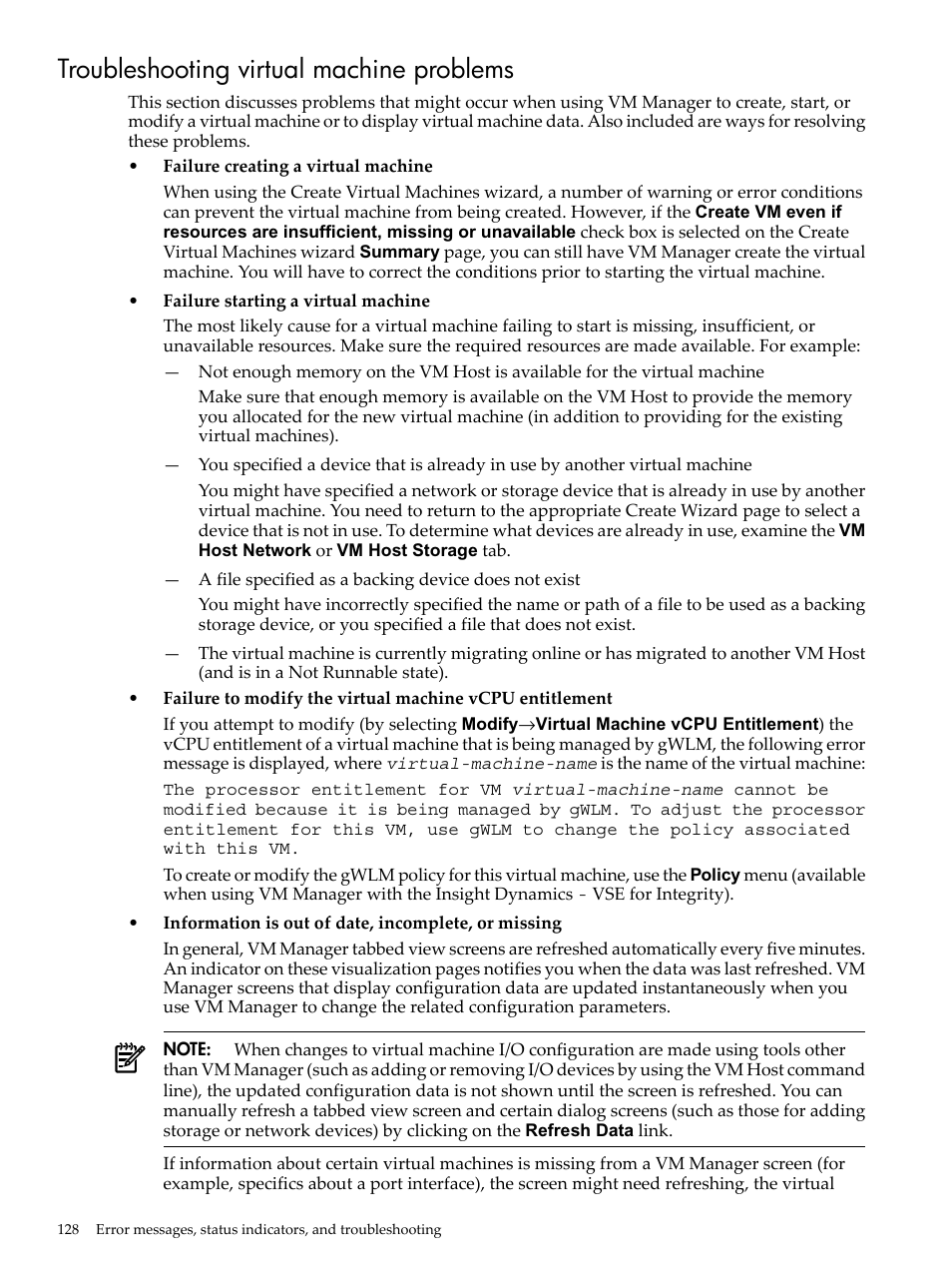 Troubleshooting virtual machine problems, Troubleshooting virtual machine | HP Matrix Operating Environment Software User Manual | Page 128 / 138