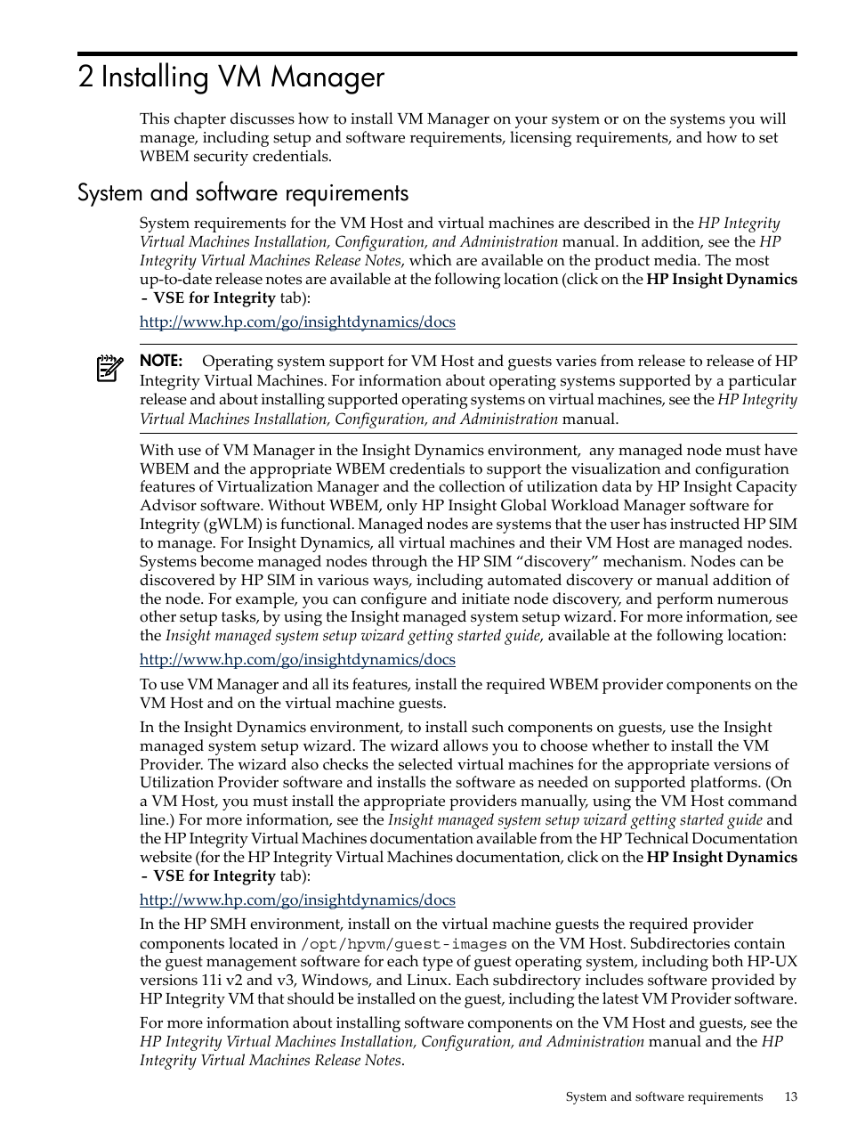 2 installing vm manager, System and software requirements | HP Matrix Operating Environment Software User Manual | Page 13 / 138