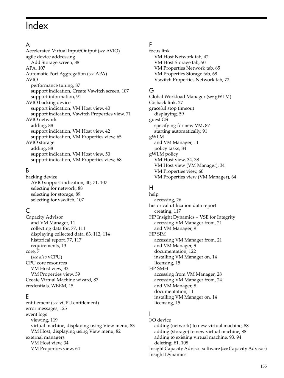 Index | HP Matrix Operating Environment Software User Manual | Page 135 / 138