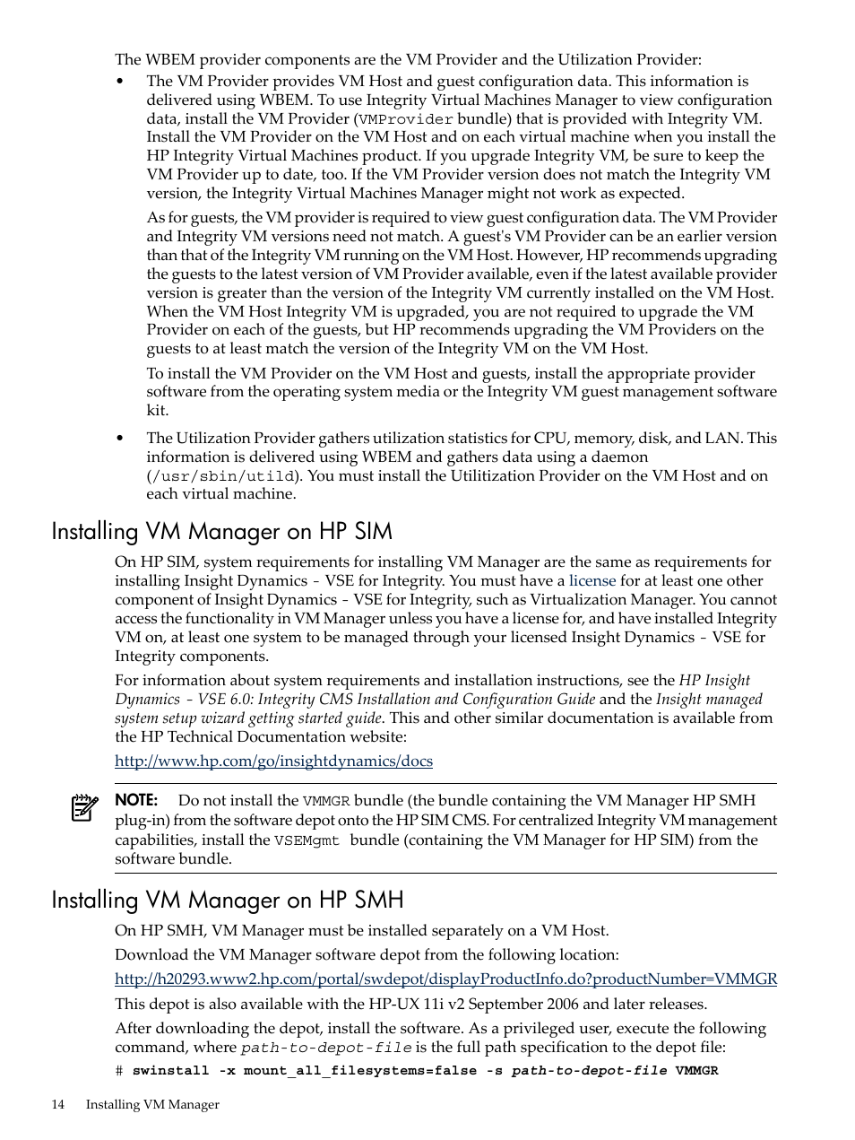 Installing vm manager on hp sim, Installing vm manager on hp smh | HP Matrix Operating Environment Software User Manual | Page 14 / 138