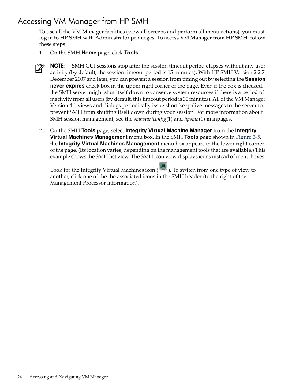 Accessing vm manager from hp smh | HP Matrix Operating Environment Software User Manual | Page 24 / 138