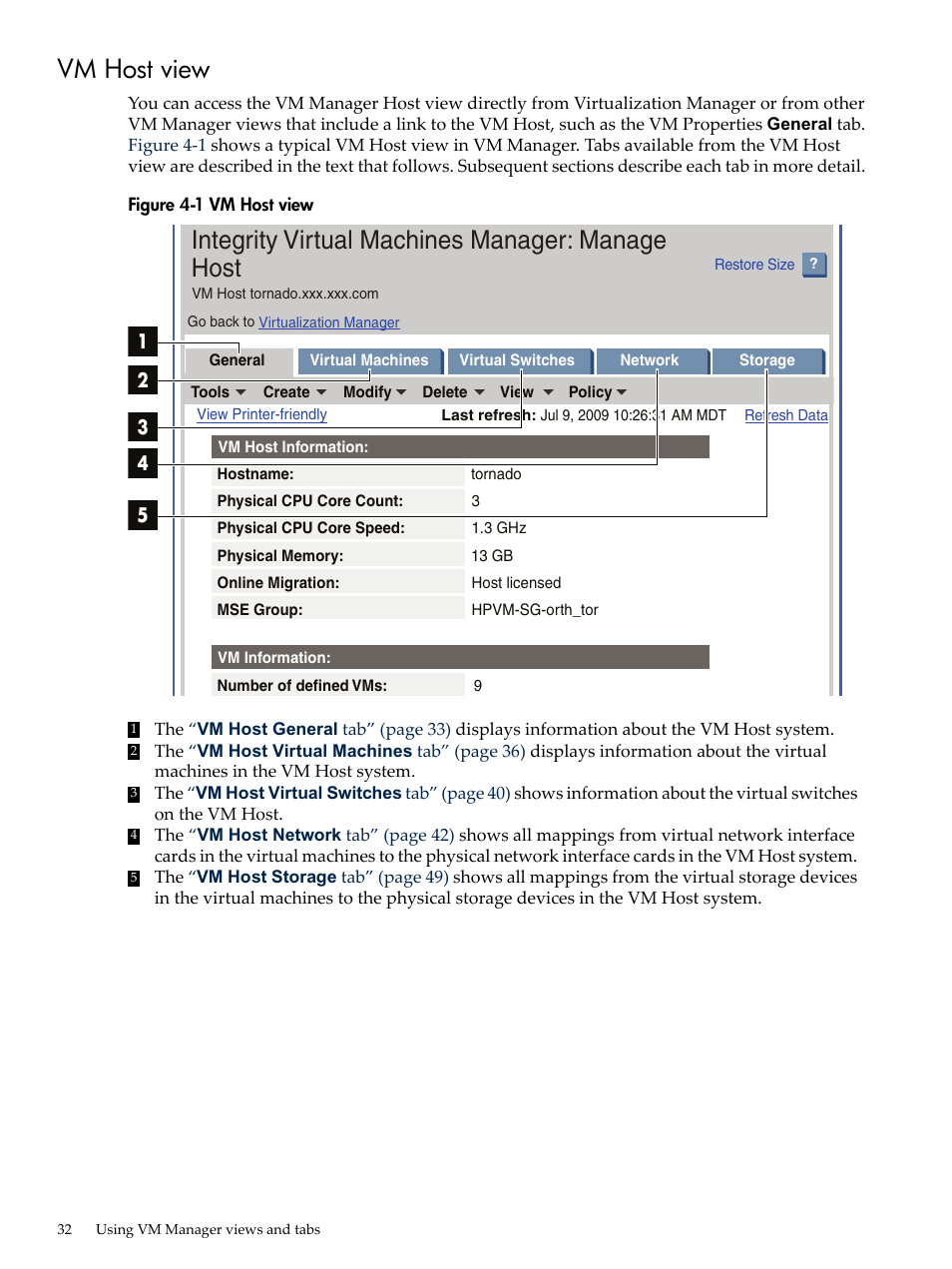 Vm host view, Integrity virtual machines manager: manage host | HP Matrix Operating Environment Software User Manual | Page 32 / 138