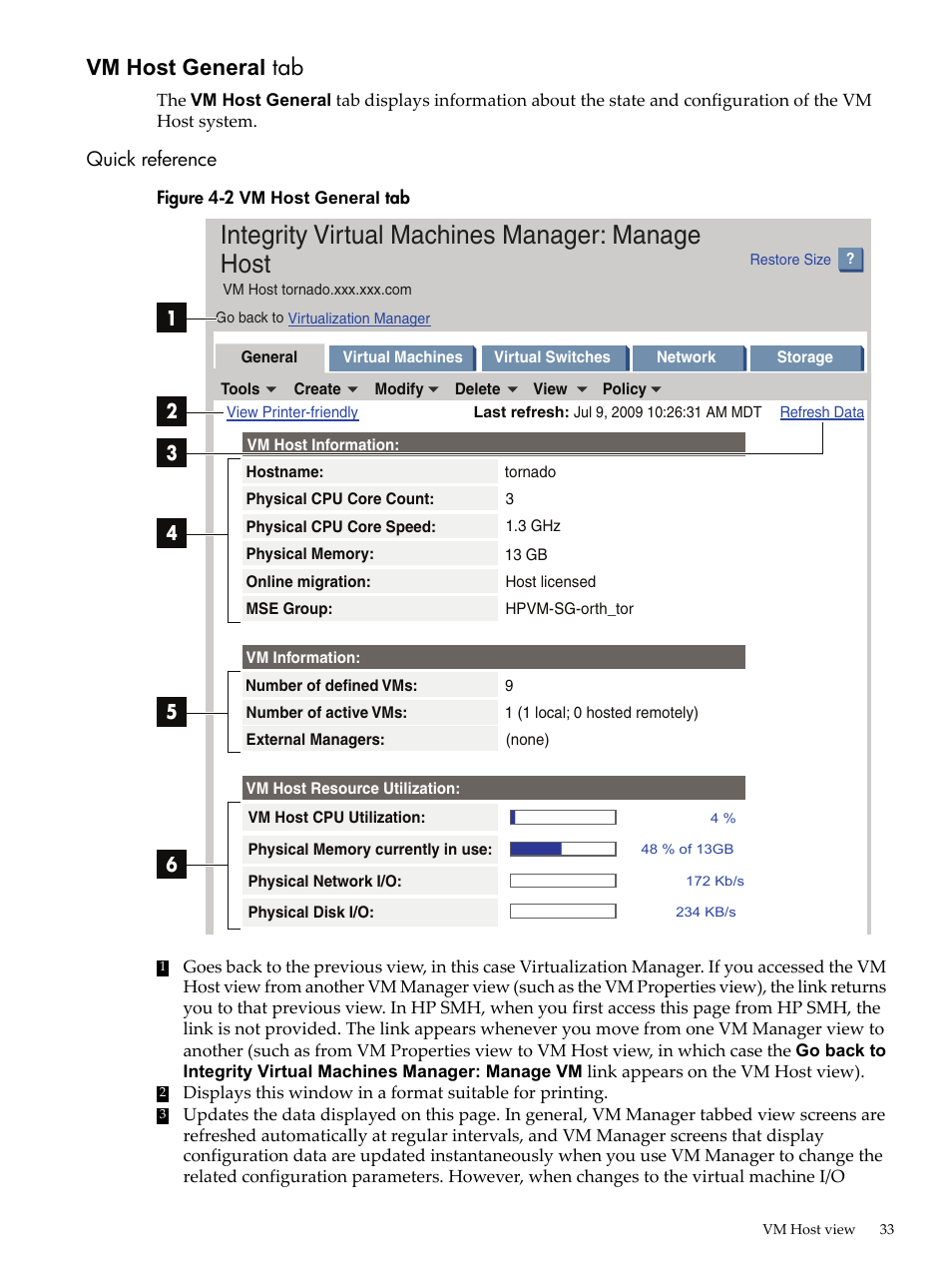 Vm host general tab, Quick reference, Vm host general | Integrity virtual machines manager: manage host | HP Matrix Operating Environment Software User Manual | Page 33 / 138