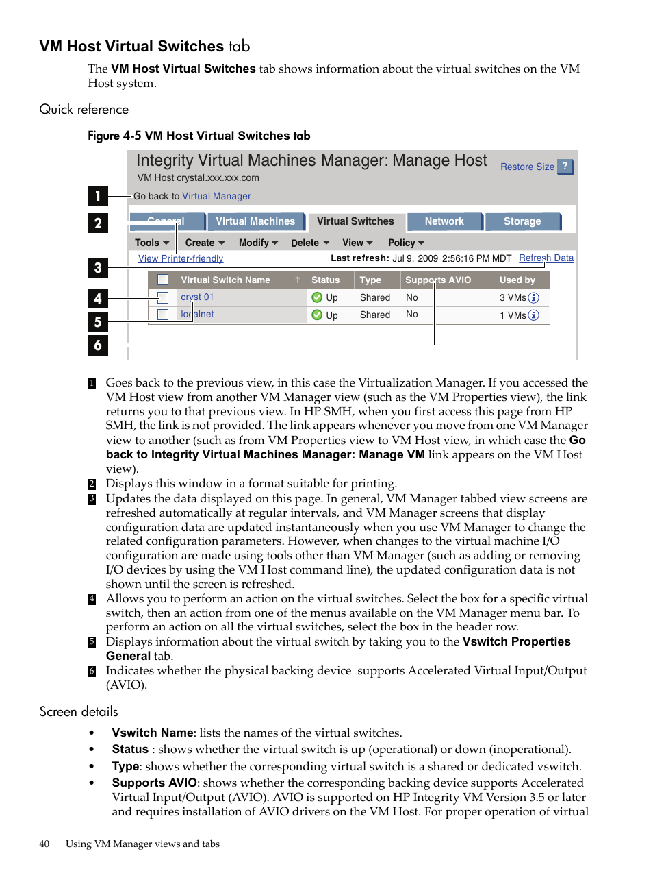 Vm host virtual switches tab, Quick reference, Screen details | Vm host virtual switches, Quick reference screen details, Integrity virtual machines manager: manage host | HP Matrix Operating Environment Software User Manual | Page 40 / 138