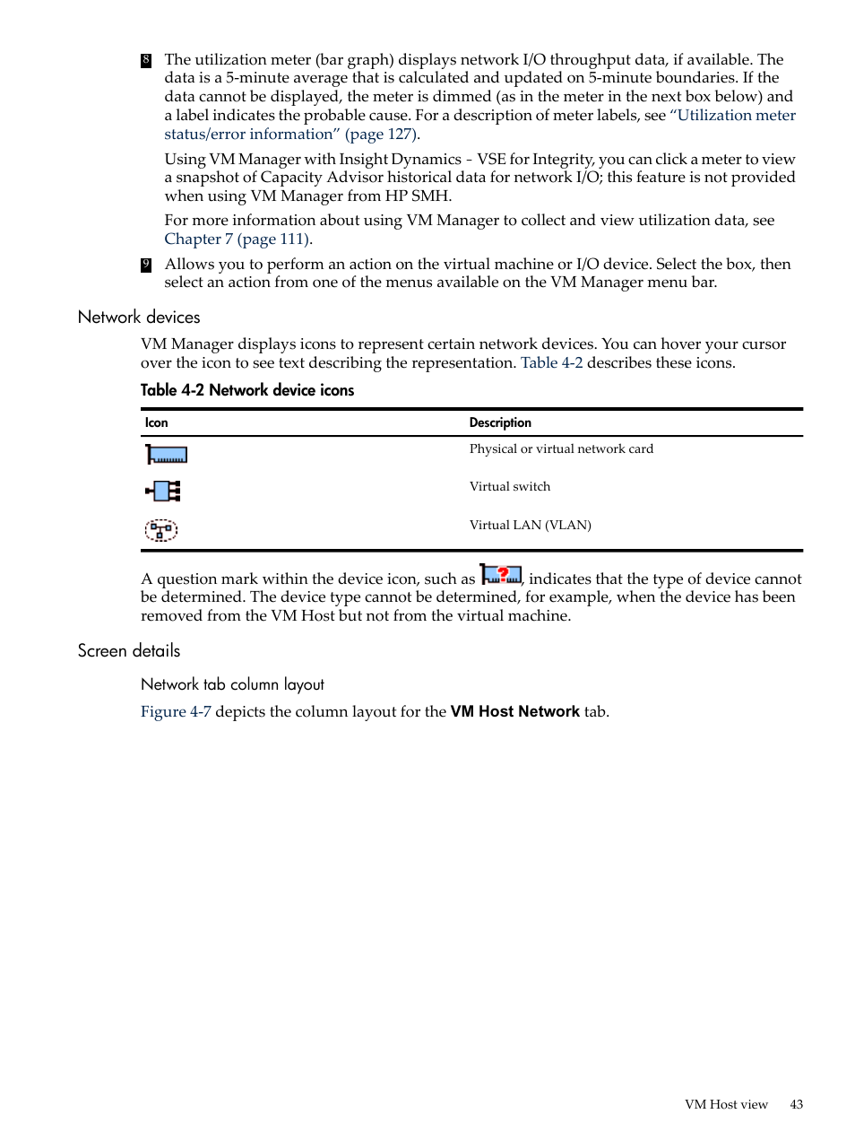 Network devices, Screen details, Network devices screen details | HP Matrix Operating Environment Software User Manual | Page 43 / 138