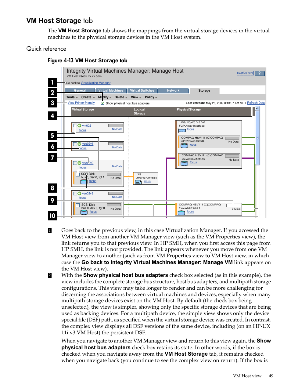 Vm host storage tab, Quick reference, Vm host storage | Integrity virtual machines manager: manage host, Figure 4-13 vm host storage tab | HP Matrix Operating Environment Software User Manual | Page 49 / 138