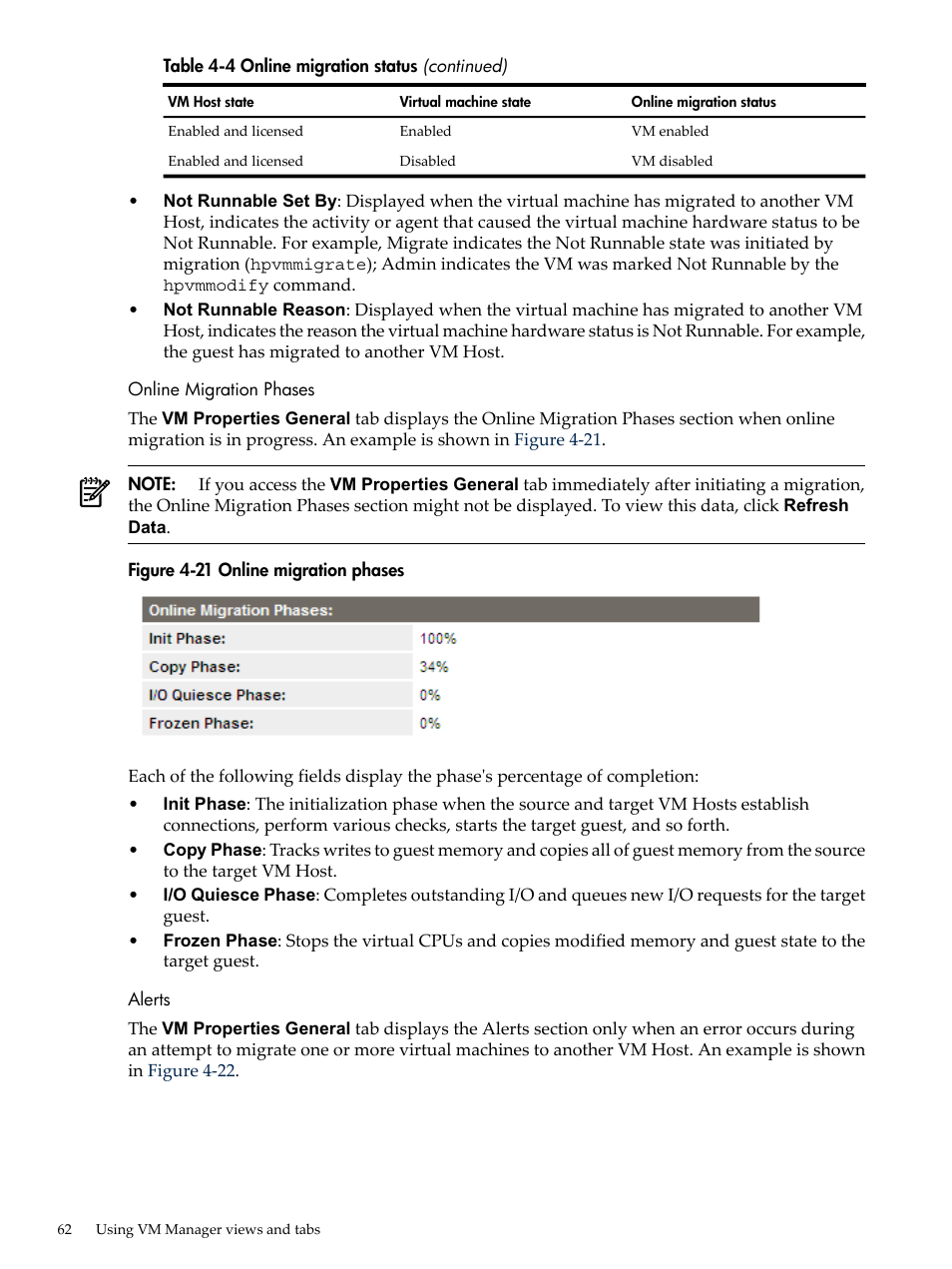 Online migration phases, Alerts | HP Matrix Operating Environment Software User Manual | Page 62 / 138