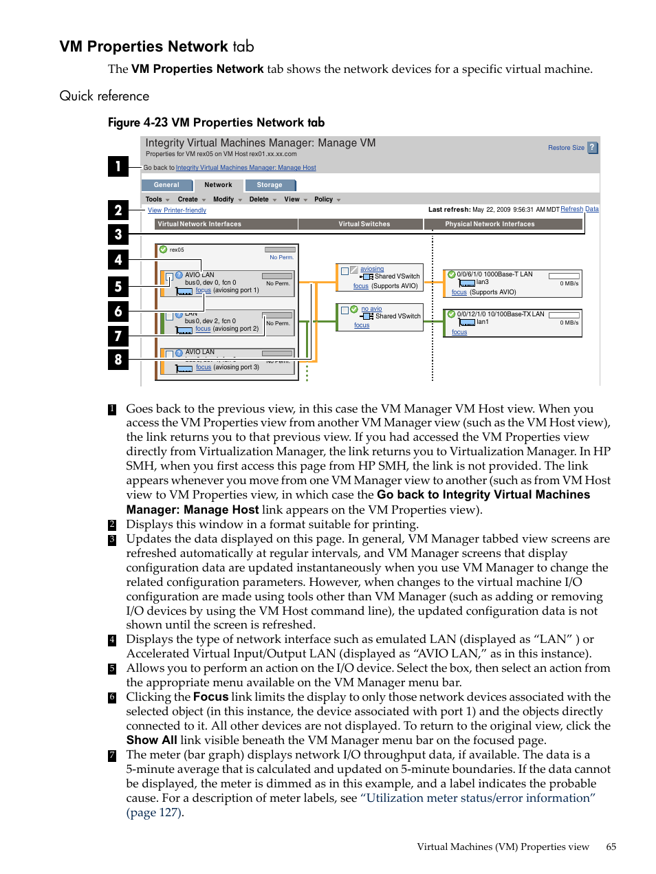 Vm properties network tab, Quick reference, Vm properties network | Vm supports online migration, Figure 4-23 vm properties network tab, Integrity virtual machines manager: manage vm | HP Matrix Operating Environment Software User Manual | Page 65 / 138